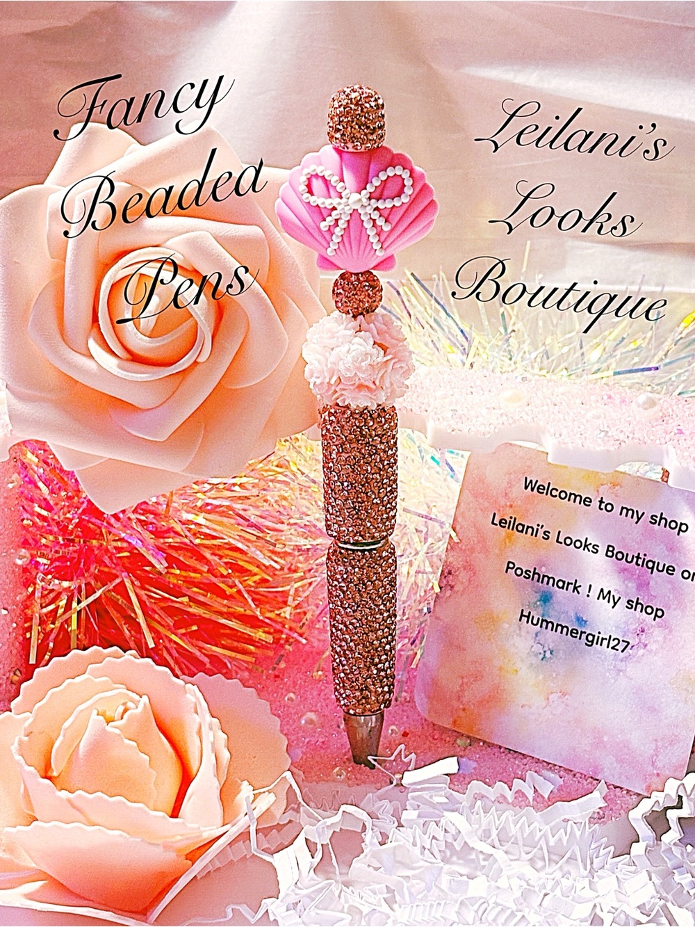 Fancy beaded Pen/gifts/pink sea shell/pink flowers/